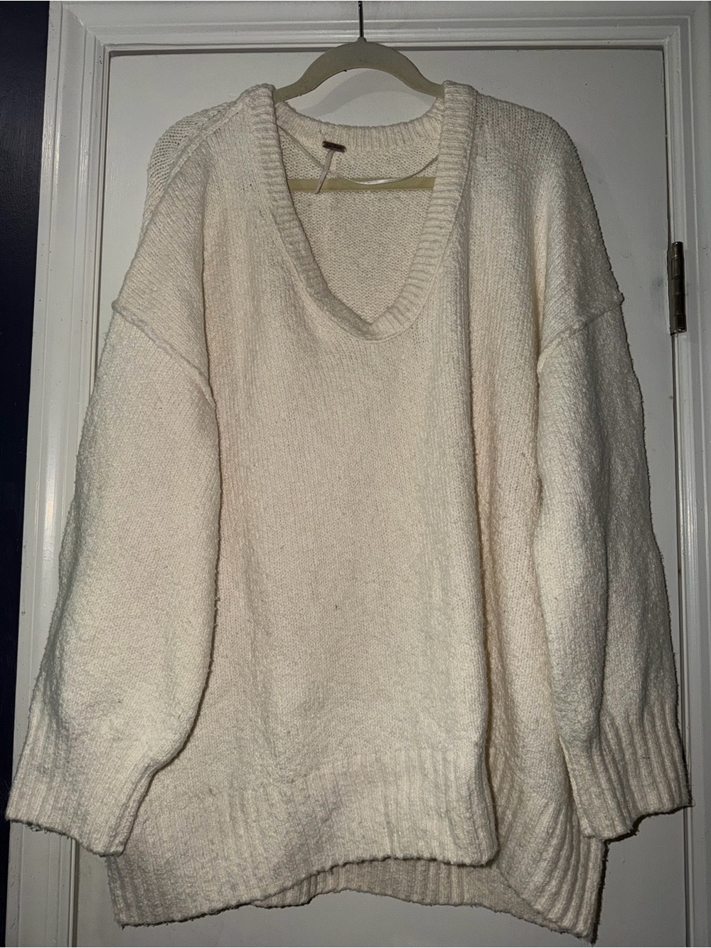 Free People Cream Oversized V-Neck Knit Sweater